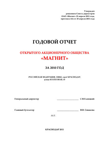 Годовой отчет Магнит за 2010 год